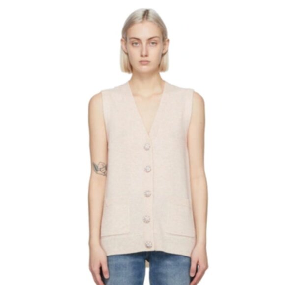 CRYSTAL-BUTTON SLEEVELESS CASHMERE CARDIGAN IN BRAZILIAN SAND Sz S - Picture 7 of 7